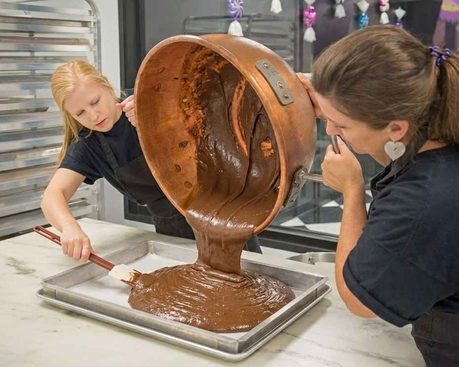 Two women in a commercial kitchen pouring a large batch of thick chocolate batter from a copper pot into a metal baking pan lined with parchment paper.