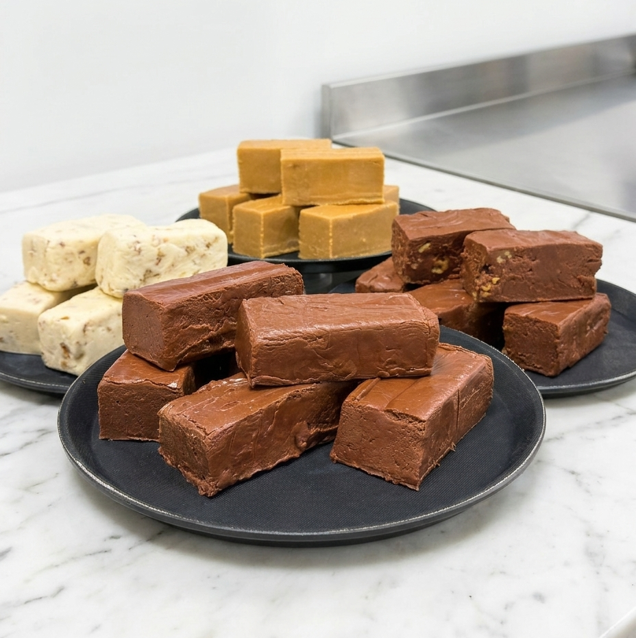 Three black plates of assorted fudge bars on a white marble counter, including chocolate fudge, caramel fudge, and cream fudge with nuts.